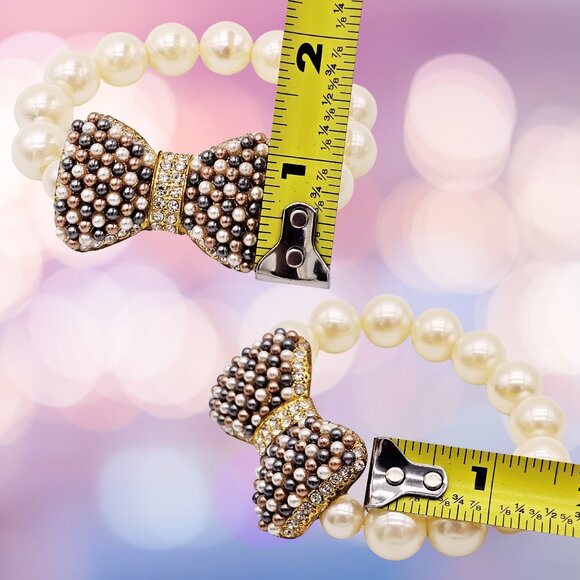 Pearl Stretch Bracelet w/ Large Pave Bow, Gold-Tone Rhinestone Center, Statement - Picture 9 of 10